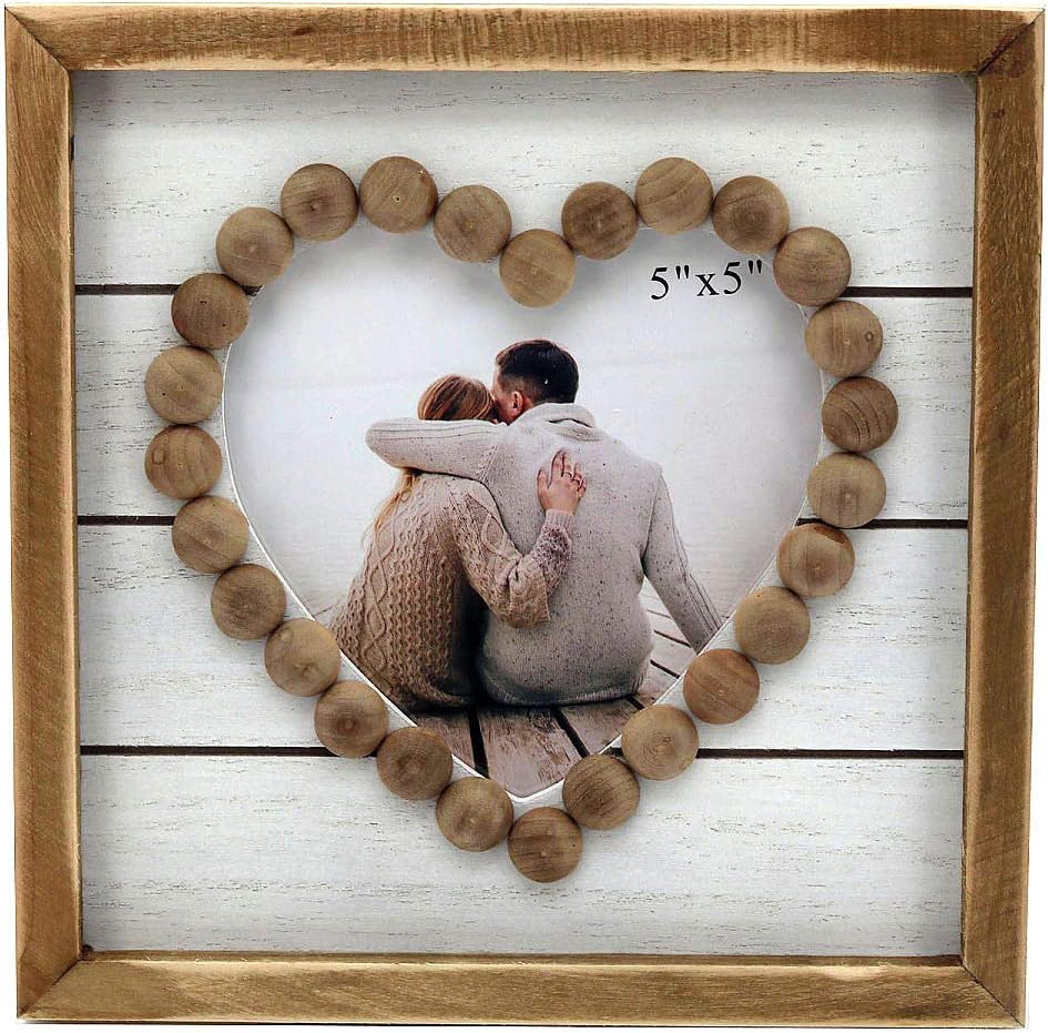 PARISLOFT Wood Heart-Shaped Picture Frames|Cute Farmhouse Style Vintage Photo Frame with Wood Beads.