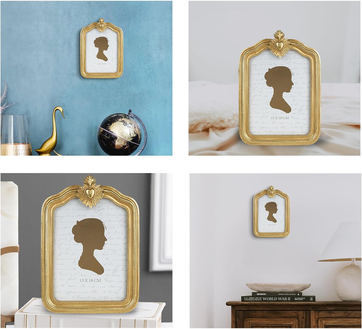 Sunlit Vintage Picture Frame 5×7 Inch, Antique Photo Frames with Glass Front, Small Heart Luxury Photo Display, Tabletop Wall Hanging, Gift Ideas, Gold