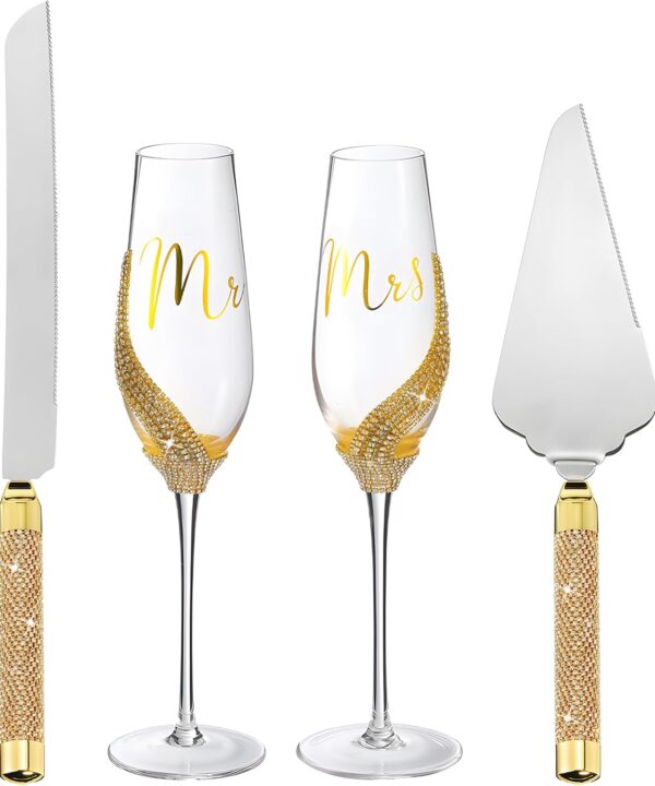 Sratte 4 Pcs Wedding Cake Knife and Champagne Flutes Server Set, Toasting Crystal Rhinestone Champagne Flutes Glasses Cake Knife Pie Server Wedding Gifts for Couple Bride Groom (Gold,Classic)