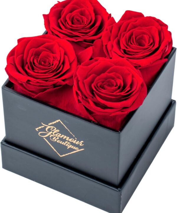 GLAMOUR BOUTIQUE Preserved Roses in a Box - 4 Roses Flowers Decor for Birthday Gift, Cased in A Square Gift Box with Lid, 4” x 4” x 5, White
