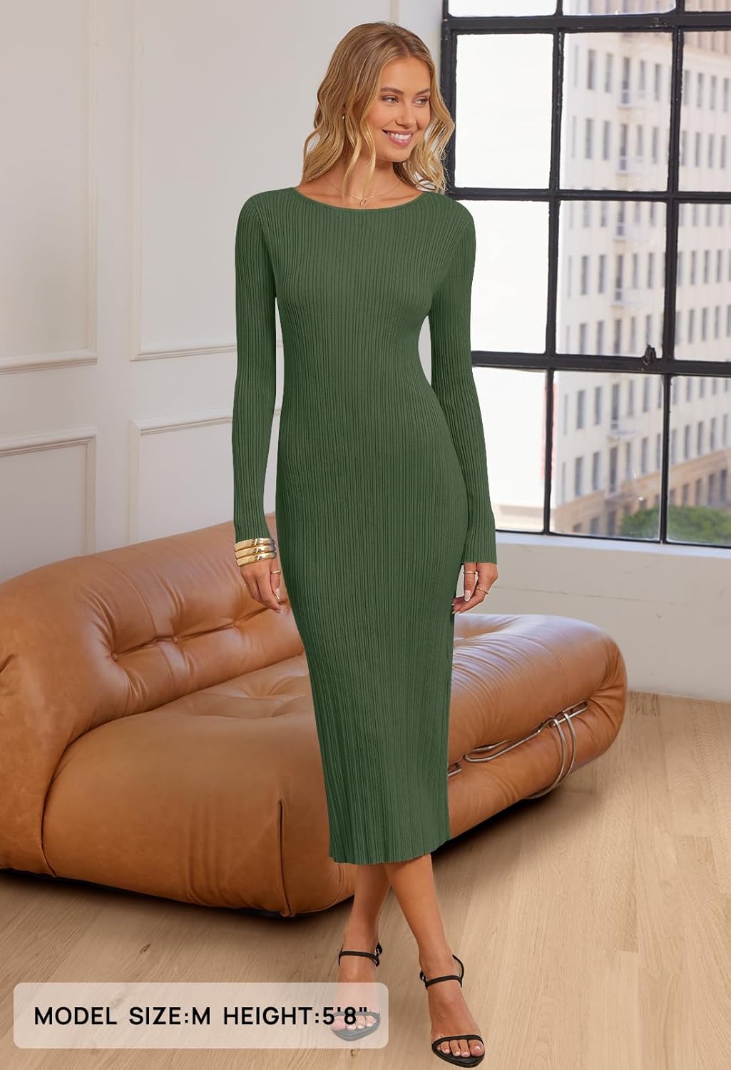 MEROKEETY Womens 2025 Long Sleeve Bodycon Sweater Dress Fall Winter Crew Neck Ribbed Knit Maxi Dresses