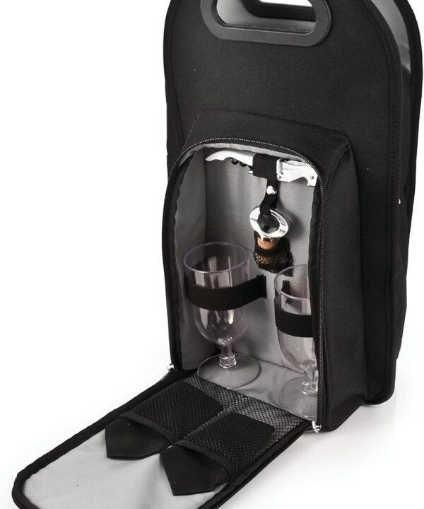 True Metro Insulated Wine Tote with Pockets, Wine Bottle Carrier and Picnic accessory set, wine glasses set of 2, Napkins, Corkscrew, and Bottle stopper, Black, Set of 1