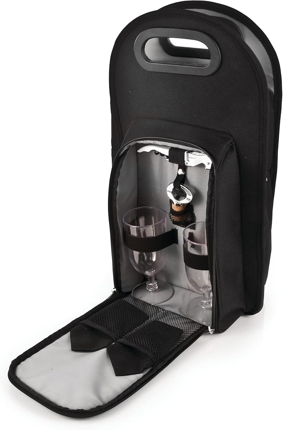 True Metro Insulated Wine Tote with Pockets, Wine Bottle Carrier and Picnic accessory set, wine glasses set of 2, Napkins, Corkscrew, and Bottle stopper, Black, Set of 1