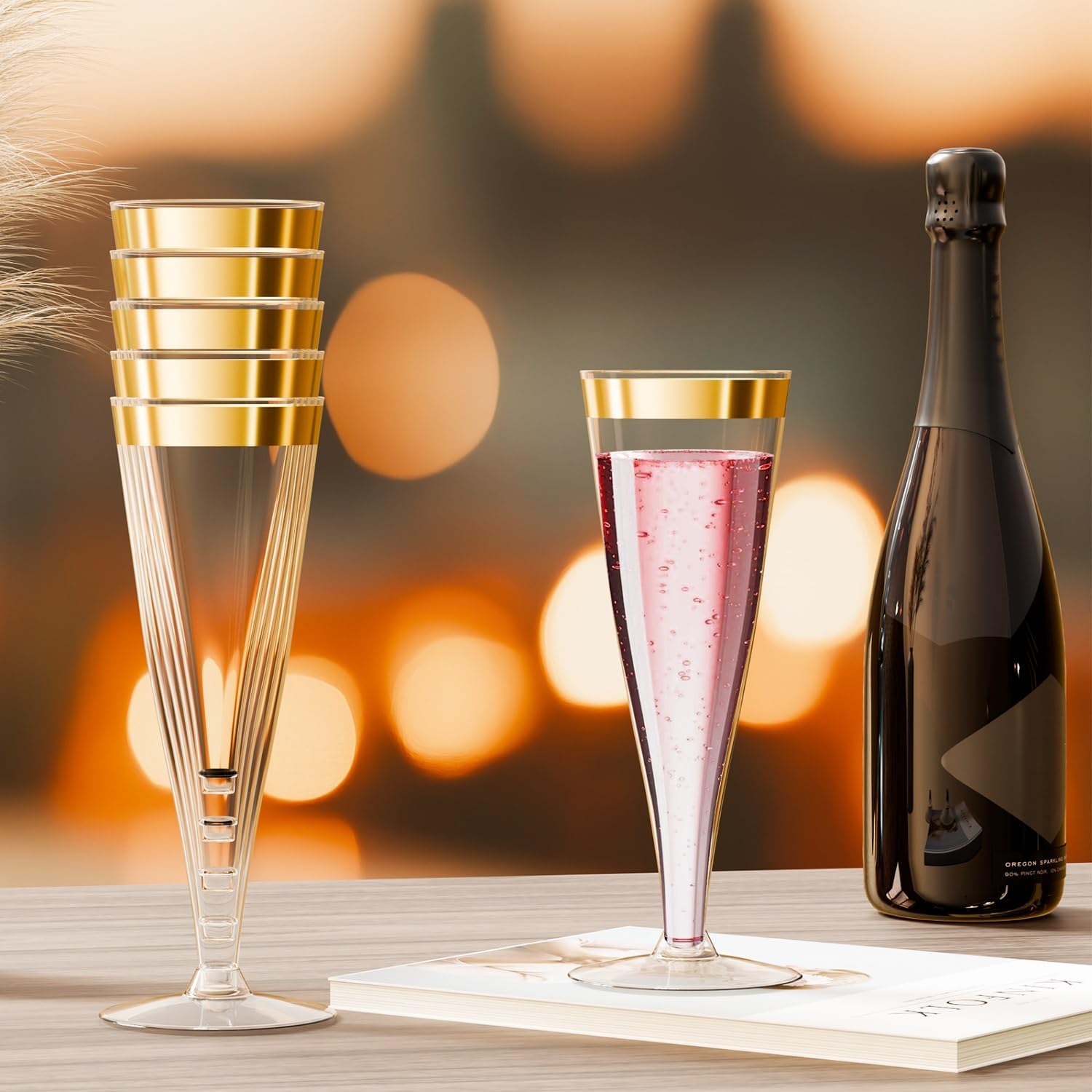 100 Pack Plastic Champagne Flutes Gold Rim Disposable Champagne Glasses, 4.5 Oz Mimosa Glasses Bulk Cocktail Toasting Cups for Party Supplies Wedding Bride Bar, Copas De Plastico Para Brindis