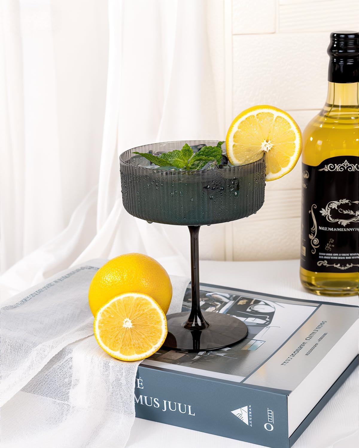 Ciaell 12PCS Plastic Ribbed Martini Glasses – 10 Oz Black Disposable Coupe Glasses with Stem – Heavy Duty Margarita Cups for Bars, Cocktails, Whiskey, Parties & Wedding & New Year