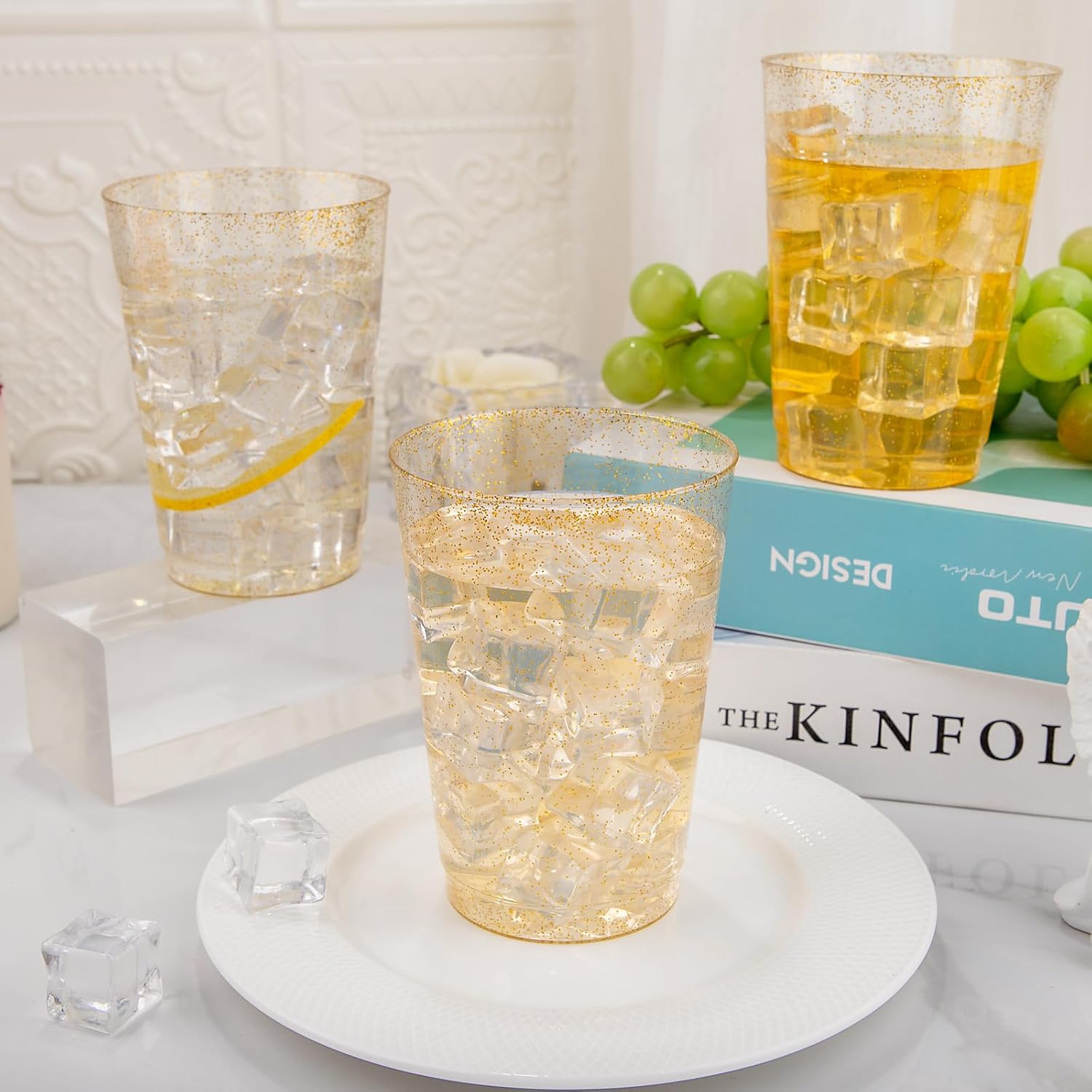 I00000 200 Pack 12 oz Gold Glitter Plastic Cups, Clear Disposable Cups, Disposable Plastic Wine Glasses Cocktail Glasses Premium Cups, 12 Ounce Glitter Tumblers for Party & Wedding