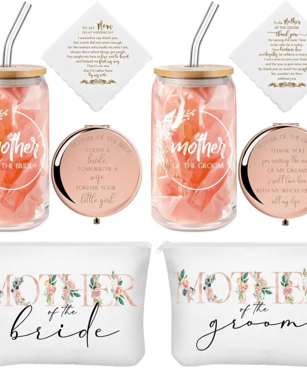 8 Pack Mother of the Bride Groom Gift Set - Includes 16oz Glass Cup Cosmetic Make up Bag Pocket Mirror Handkerchief, Engagement Anniversary Wedding Day Gifts for Mom Mother in Law(Floral)