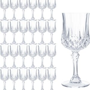 24 Pack 7 oz Plastic Wine Glasses with Stem, Vintage Crystal Clear Water Cordial Goblet Drinking Glasses, Unbreakable Reusable Drinkware for Wedding Reception Grand Event Party Bar Supplies