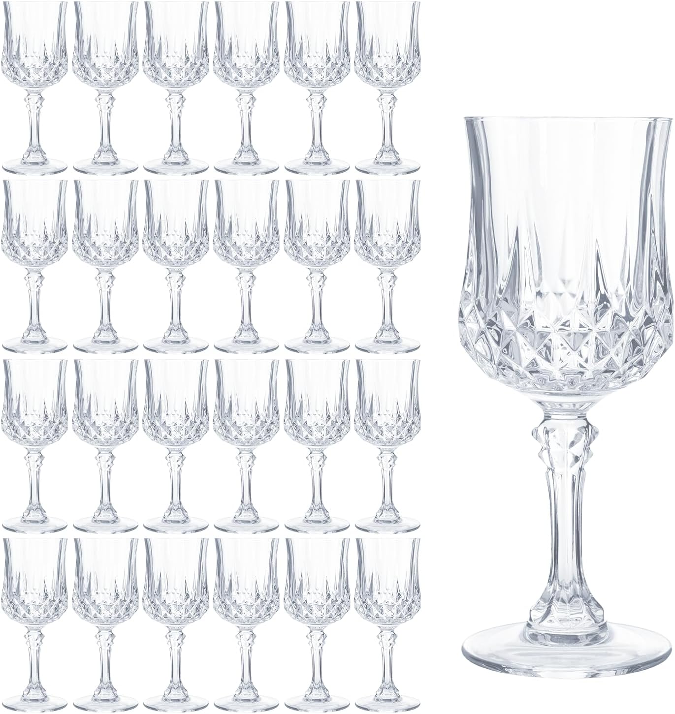 24 Pack 7 oz Plastic Wine Glasses with Stem, Vintage Crystal Clear Water Cordial Goblet Drinking Glasses, Unbreakable Reusable Drinkware for Wedding Reception Grand Event Party Bar Supplies