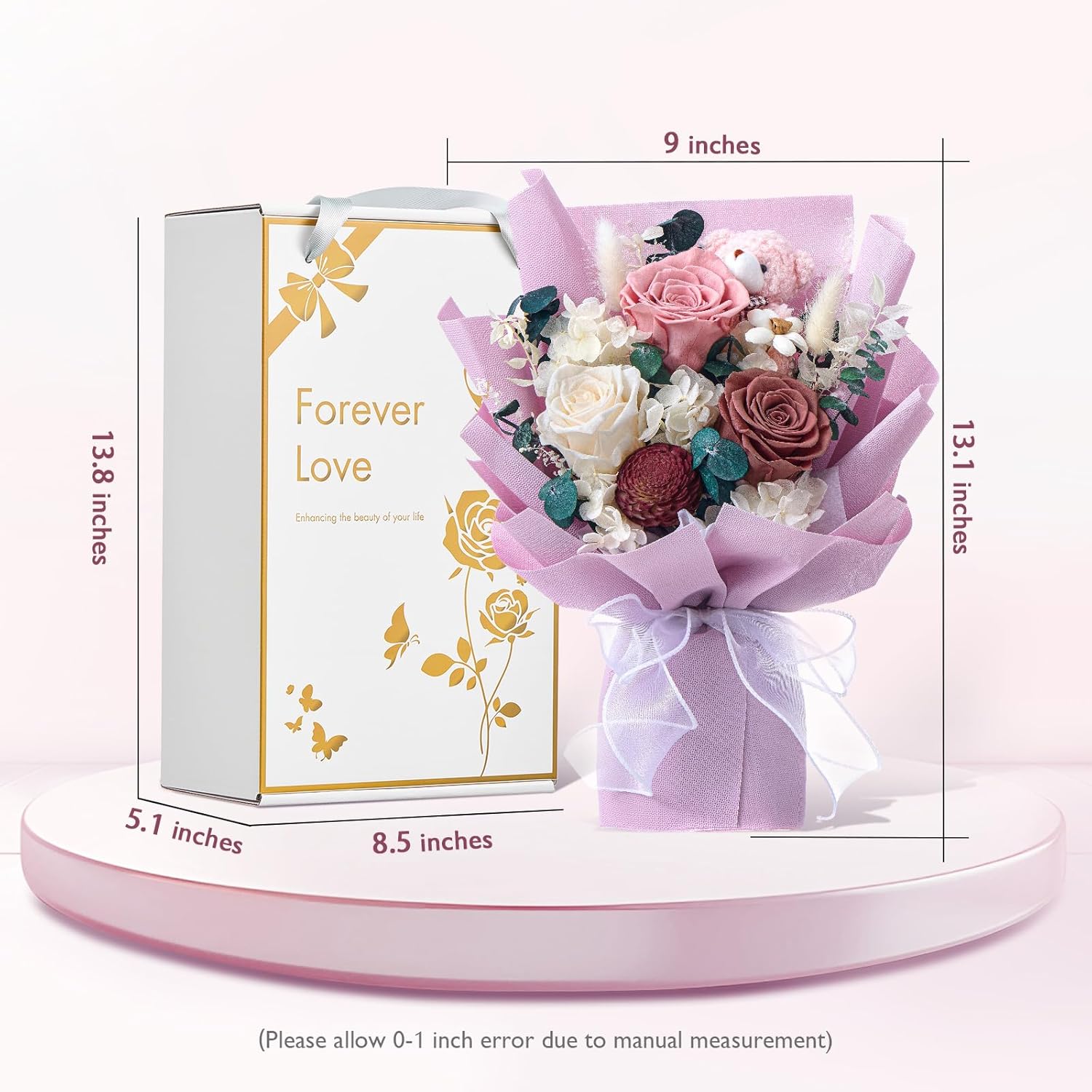 Polylove Forever Flower Bouquet Flowers for Delivery Prime Preserved Roses with Bear Gift Box for Wife Women Mother Day Anniversary Birthday (Purple)