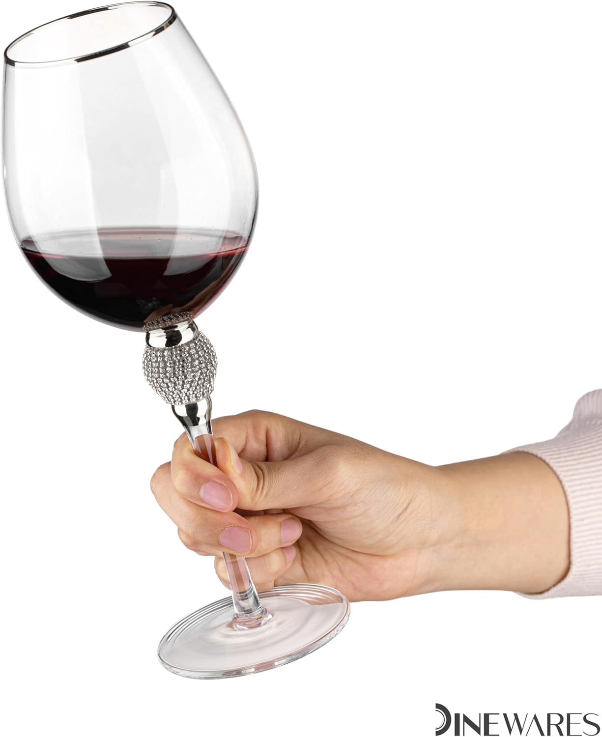 Rimmed Red Wine Glasses with Diamond Rhinestone Accent 18 oz, 10 Inches Tall Perfect Toasting Glasses for Bride and Groom Great for Party Wedding Anniversary and Special Occasion (Silver, Set of 4)