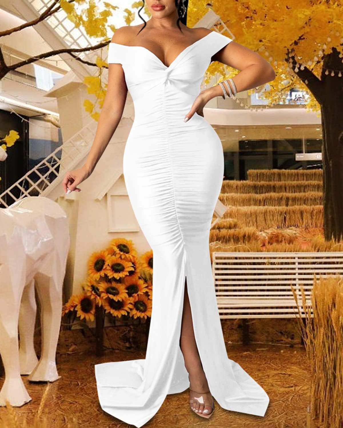 Sexy Formal Dress for Women Ruched Off Shoulder Club Cocktail Bodycon Evening Gown Maxi Long Dresses