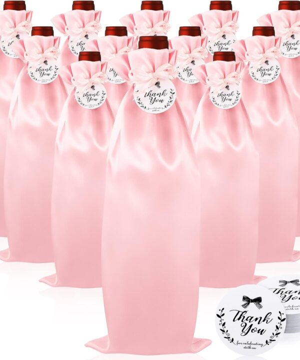 Shappy 12 Pcs Pink Satin Wine Gift Bags with Drawstrings and Tags, Wine Bottle Bags Covers Reusable for Holiday Party Supplies