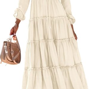 MASCOMODA Fall Long Sleeve Maxi Dresses for Women 2025 Casual Boho Button Ruffle Neck Tiered A Line Flowy Wedding Guest Dress