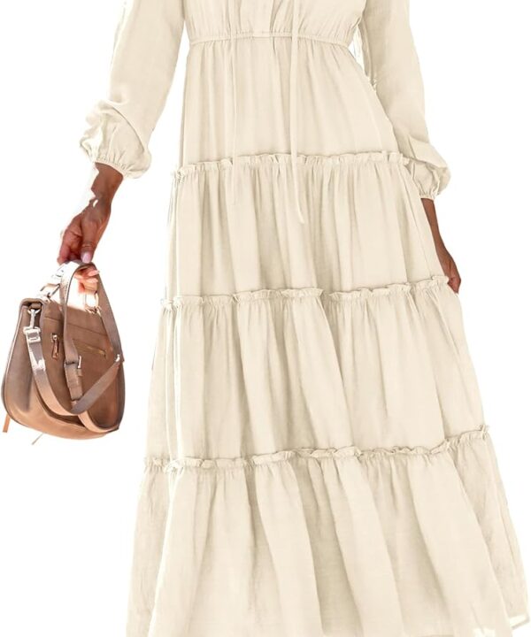 MASCOMODA Fall Long Sleeve Maxi Dresses for Women 2025 Casual Boho Button Ruffle Neck Tiered A Line Flowy Wedding Guest Dress