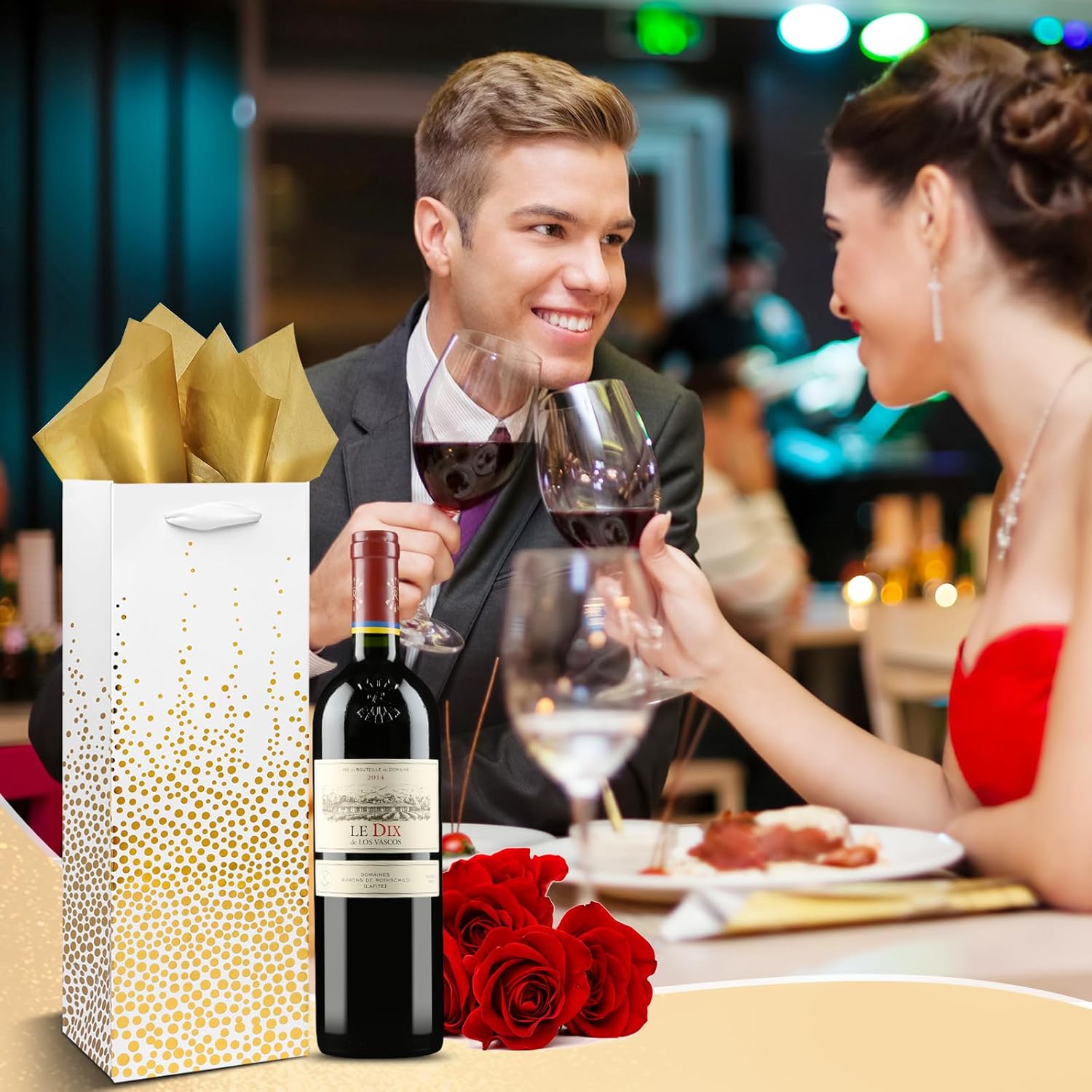 Carnation Wine Bags – 12 Pack Gold Foil Wine Bottle Gift Bags for Special Occasions (14Inch, Gold)