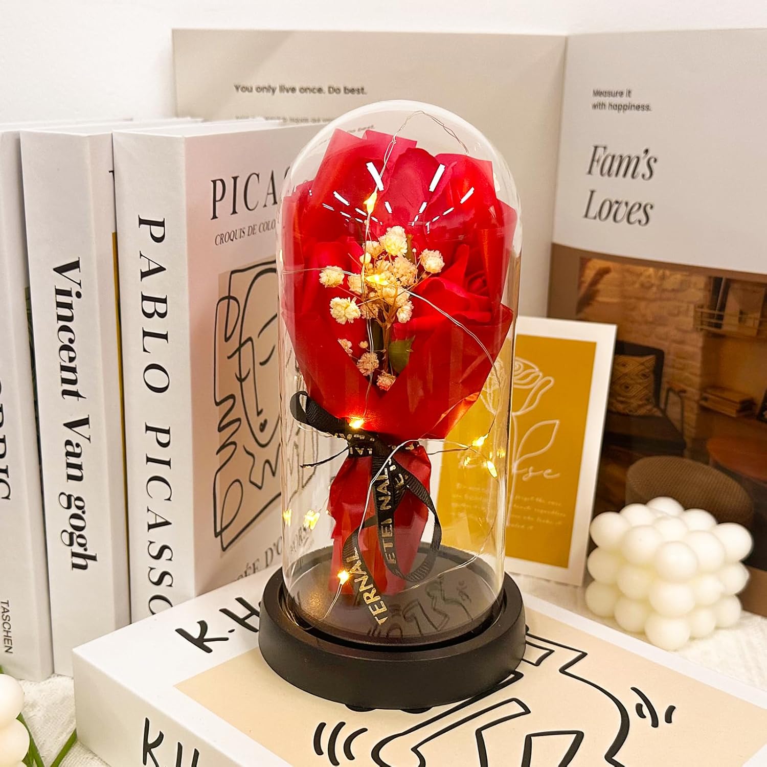 Preserved Flowers Bouquet for Her, Forever Fresh Flowers for Delivery Prime, 3 Red Roses in Glass Dome Valentines Mothers Day Gifts for Mom Wife Sister