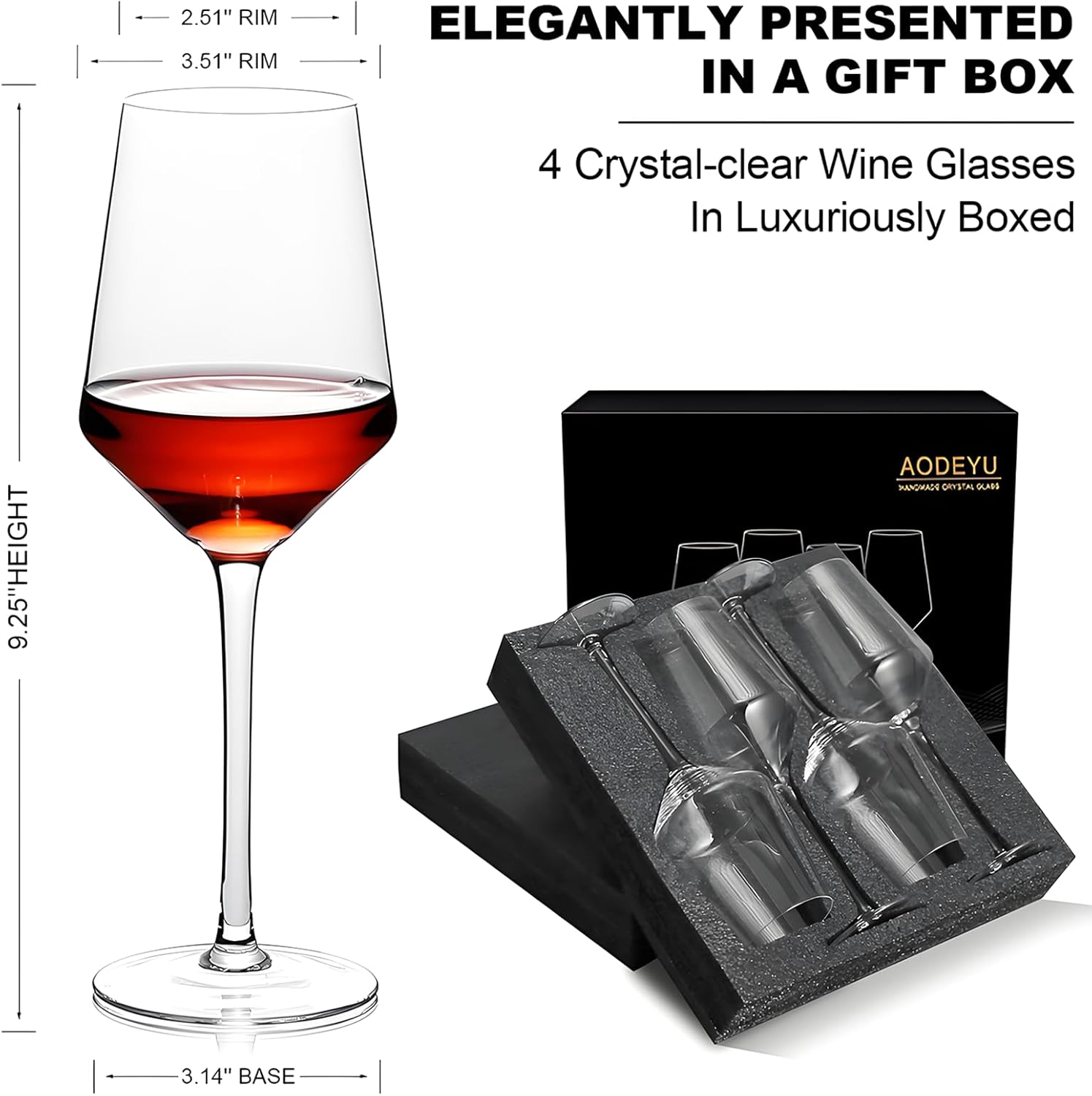 Hand Blown Red Wine Glasses Set of 4 Premium Crystal Wine Glasses With Long Stem 14 oz Daily Use, Unique Wedding Anniversary or Birthday Gift Ideal for Restaurants, Home Bar