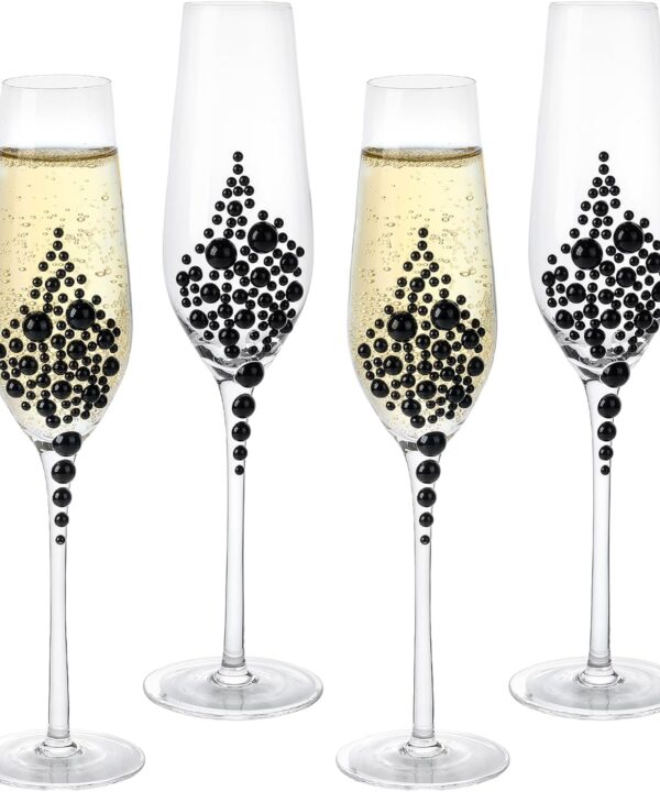 MyGift Champagne Flutes 6 oz, Clear Glass Stemmed Toasting Glasses with Faux Black Pearls – Wedding, Bridal Shower & Bachelorette Party Glassware Set of 4