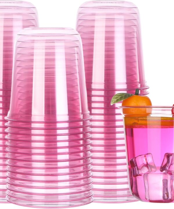 100 Pcs 12oz Plastic Pink Cups Disposable Stemless Wine Glasses Clear Cocktail & Dessert Cold Drinking Cups for Meeting Wedding Birthdays Summer Holiday Party Supplies