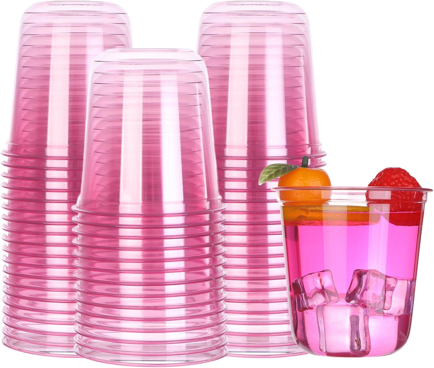100 Pcs 12oz Plastic Pink Cups Disposable Stemless Wine Glasses Clear Cocktail & Dessert Cold Drinking Cups for Meeting Wedding Birthdays Summer Holiday Party Supplies