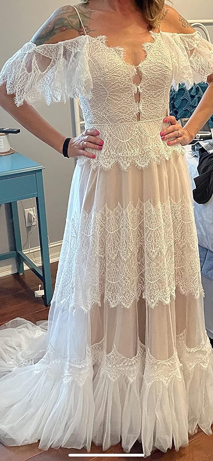 Women’s Wedding Dresses Chic Lace Evening Dresses V Neck Ruffle Sleeves Beachy Boho Outdoorsy Wedding Gowns