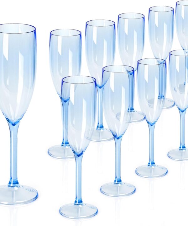 XUWAIDSGN 10 Pcs Champagne Flutes Plastic Wine Glasses Bulk Vintage Champagne Flutes Mimosa Bar Glasses Stemmed Drinking Cups 5.4OZ for Christmas Birthday Wedding Bride (10, Clear blue)