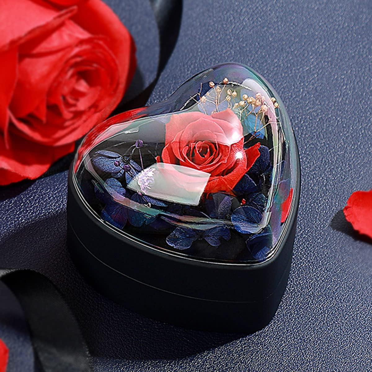 Preserved Flower Rose Pendant Box, Heart Shape Velvet Jewelry Box for Valentines Day Mothers Day Wedding Anniversary Birthday Gift, Dark Blue