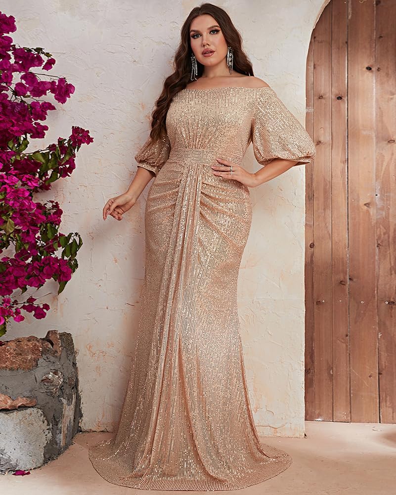 Women’s Plus Size Off Shoulder Puff Sleeve Sequin Formal Maxi Dress Evening Party Gowns