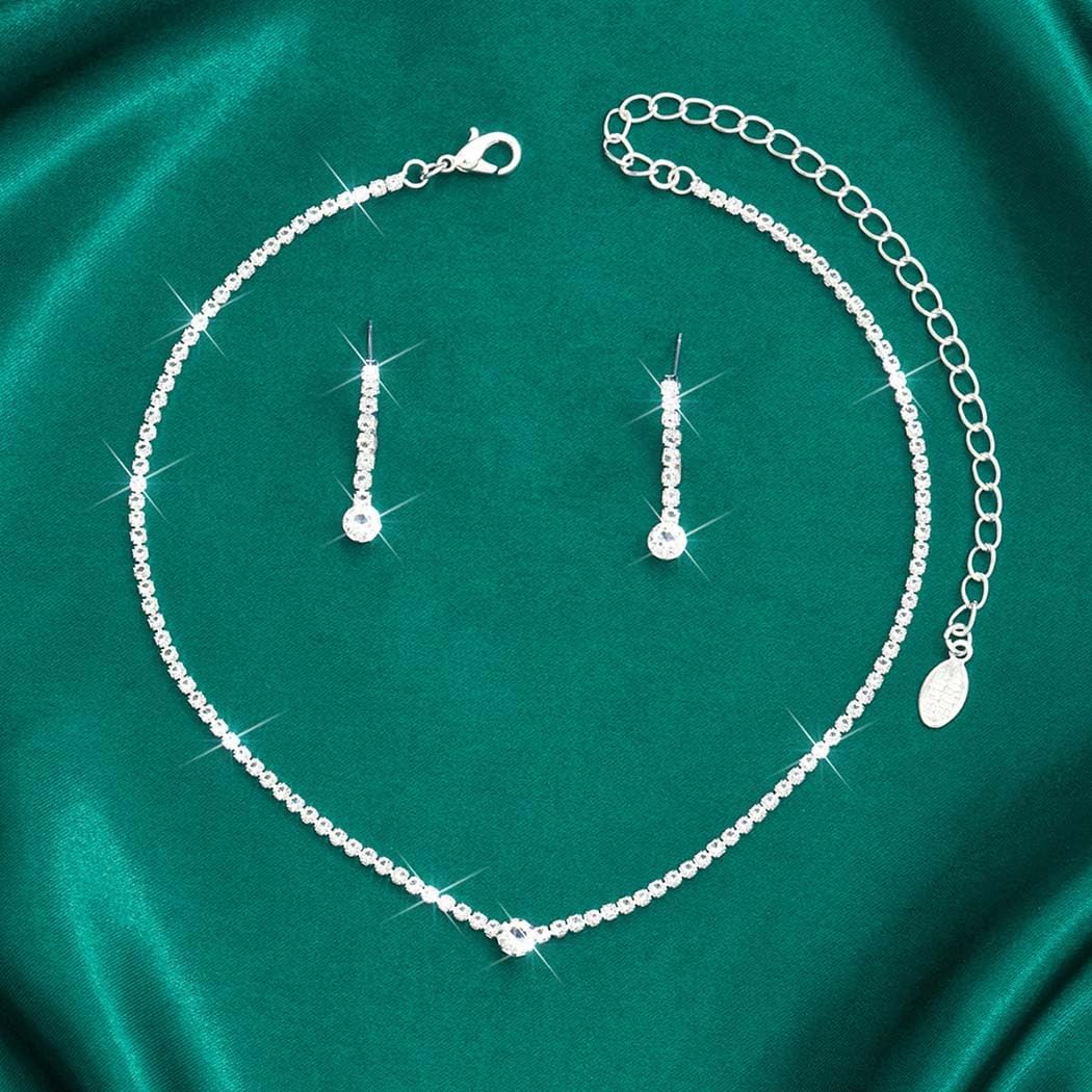 Unicra Silver Bridal Wedding Jewelry Set Rhinestone Necklace Earrings Sets Crystal Formal Costume Jewelry for Women and Brides