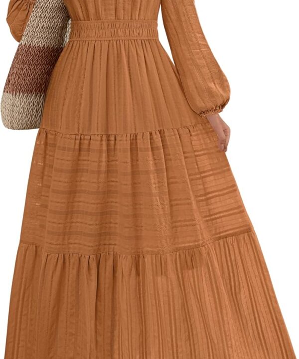 MEROKEETY Fall Dresses for Women 2025 Winter Long Sleeve Casual V Neck Tiered Cotton Midi Maxi Dress Pockets