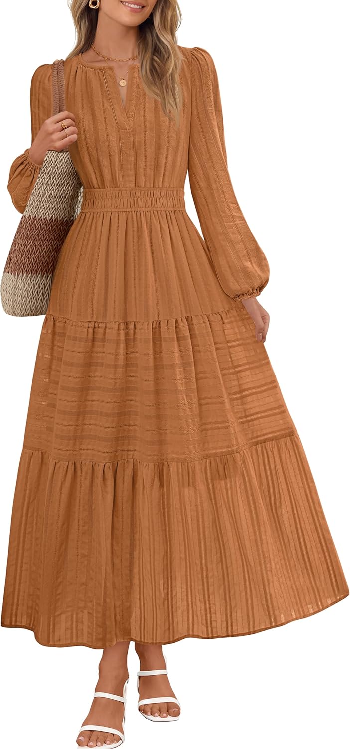 MEROKEETY Fall Dresses for Women 2025 Winter Long Sleeve Casual V Neck Tiered Cotton Midi Maxi Dress Pockets