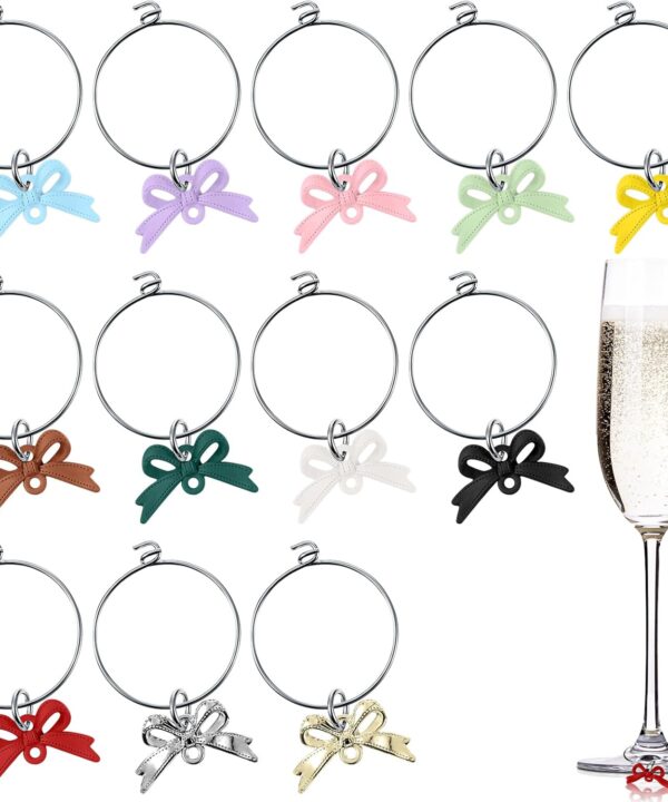 Christmas Bow Drink Markers Wine Glass Charms Stemware Wine Glass Identifier Tags with Silver Rings for Christmas Weddings Bachelorette Coquettish Party Favors
