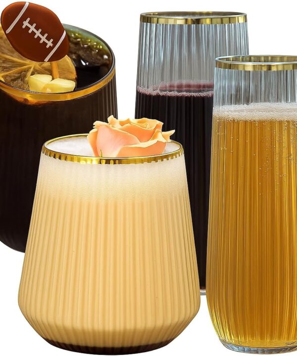 48 Pack Ribbed Origami Ripple Plastic Glasses, 24 9 Ounce Stemless Champagne Flutes & 24 12 Ounce Cups, BPA-Free Disposable Shatterproof Toasting Glasses for Weddings, Bars, and Events (Gold Rim)