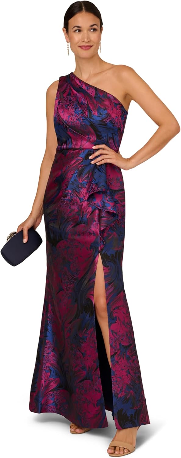 Adrianna Papell Womens One Shoulder Jacquard Gown