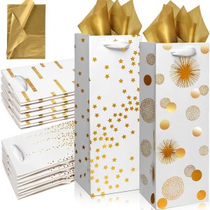 Carnation Wine Bags - 12 Pack Gold Foil Wine Bottle Gift Bags for Special Occasions (14Inch, Gold)