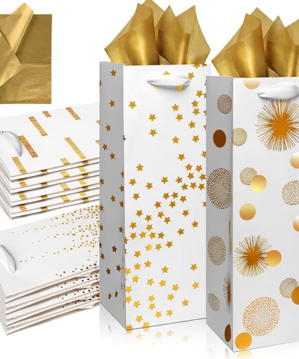 Carnation Wine Bags - 12 Pack Gold Foil Wine Bottle Gift Bags for Special Occasions (14Inch, Gold)