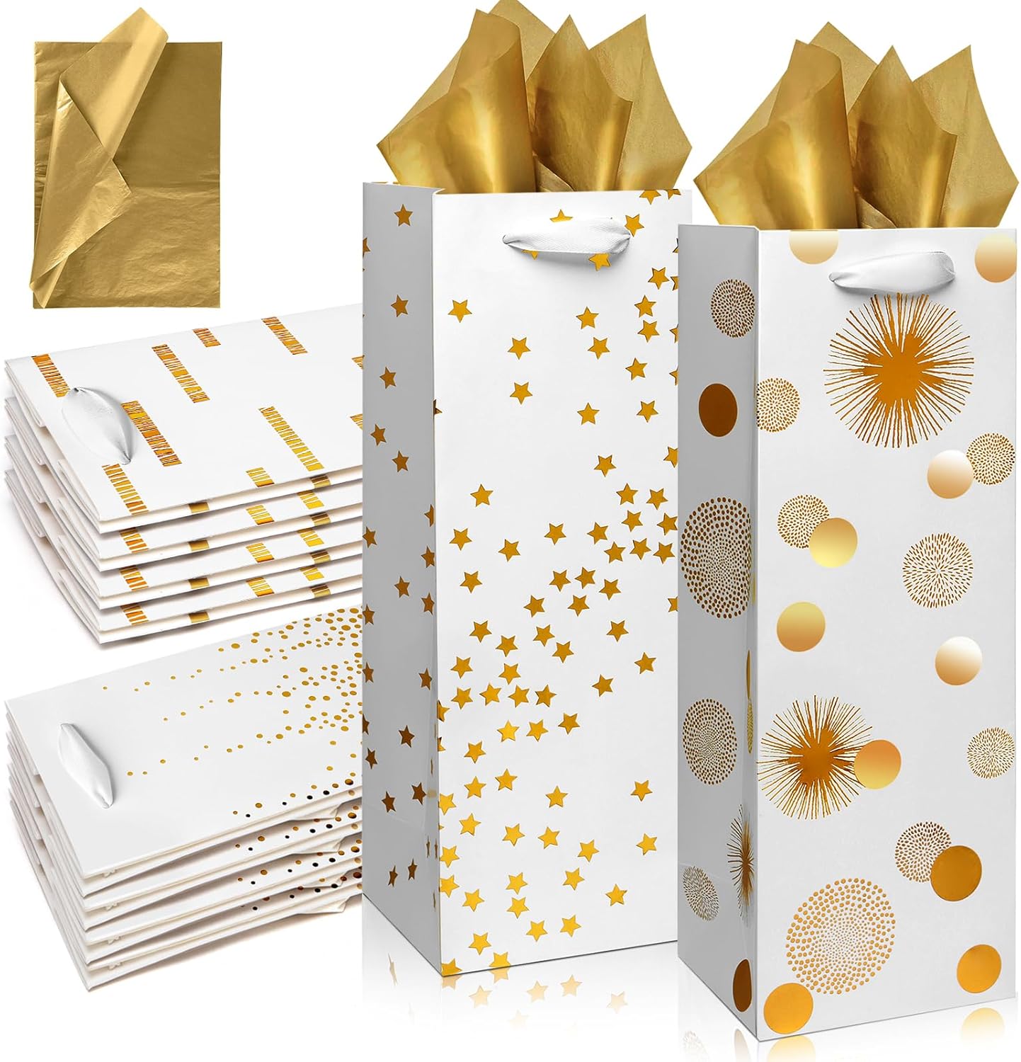 Carnation Wine Bags - 12 Pack Gold Foil Wine Bottle Gift Bags for Special Occasions (14Inch, Gold)