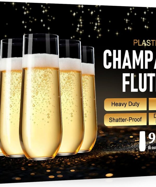 Guanqiao 24 Pack Stemless Plastic Champagne Flutes, 9 oz Clear Disposable Plastic Glasses, Heavy Duty Shatterproof Recyclable Mimosa Glasses for Party Wine Tasting Wedding New Years Eve Party Supplies