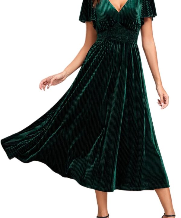 Ever-Pretty Women's Fall Winter V Neck Short Sleeves Elastic Waist Midi Velvet Wedding Guest Dress Christmas Dresses 1939