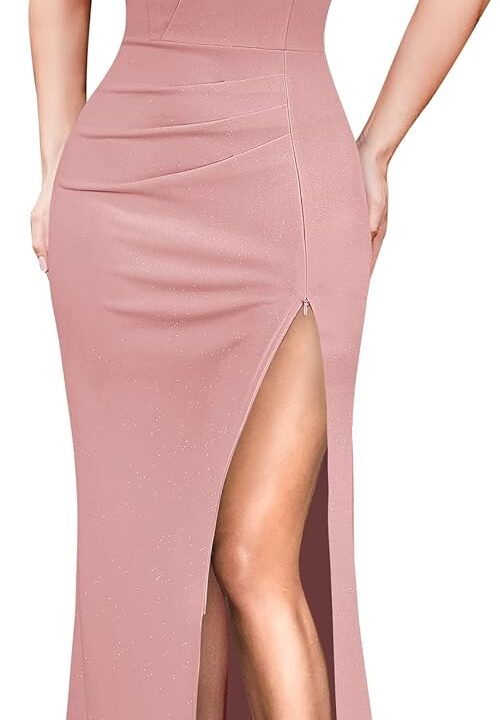 VFSHOW Womens Ruffle One Shoulder Strap Ruched Formal Prom Wedding Maxi Dress V Neck Elegant Split Cocktail Evening Long Gown