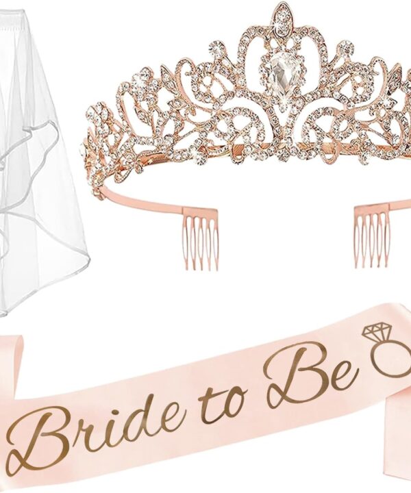 JETKONG 3 Pcs Bachelorette Party Decorations Bridal Shower Crown, Bride to Be Sash&Veil for Women Bachelorette Party Gifts, Bachelorette Party Supplies, Gifts, Favors (Rose Gold)