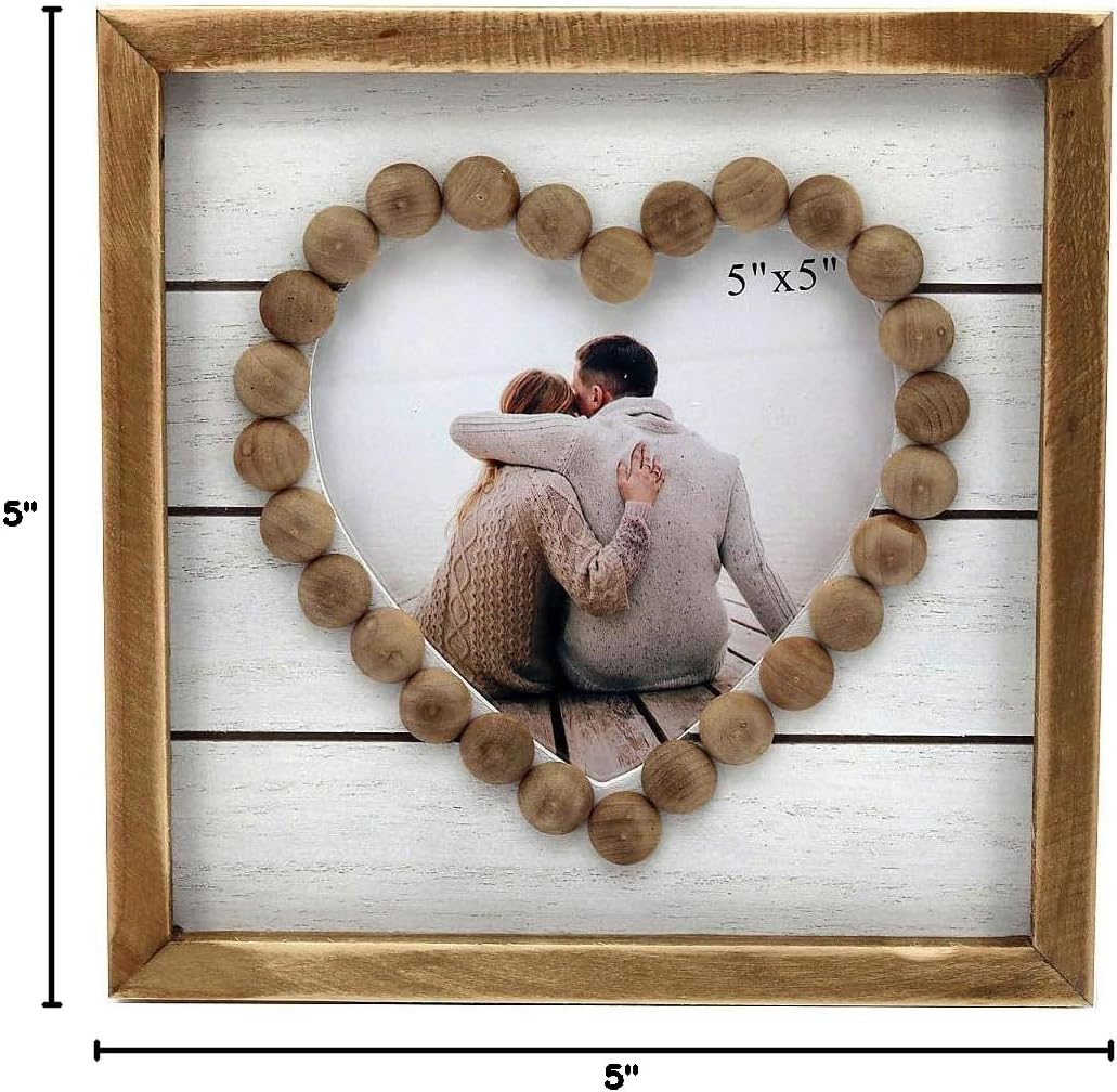 PARISLOFT Wood Heart-Shaped Picture Frames|Cute Farmhouse Style Vintage Photo Frame with Wood Beads.
