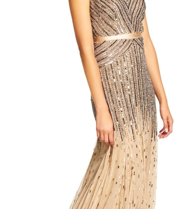 Adrianna Papell Womens Long Beaded V-Neck Dress with Cap Sleeves and Waistband