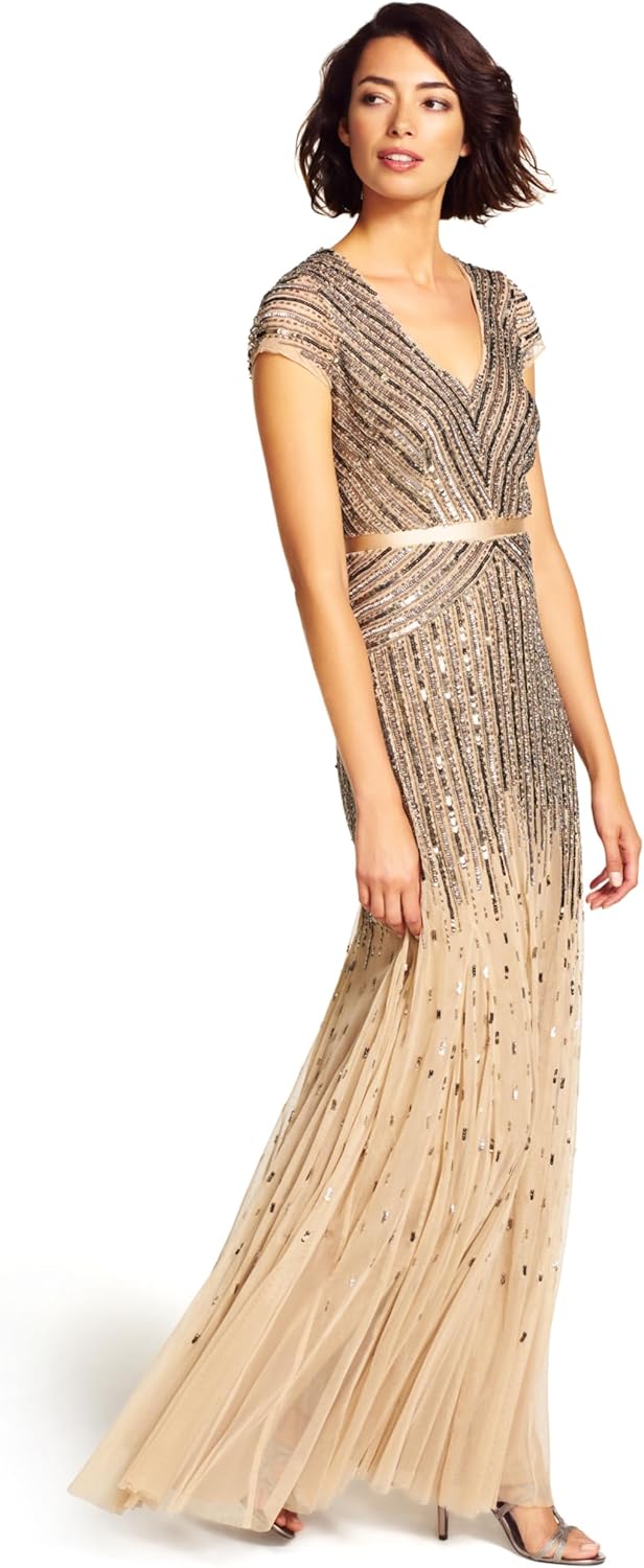 Adrianna Papell Womens Long Beaded V-Neck Dress with Cap Sleeves and Waistband