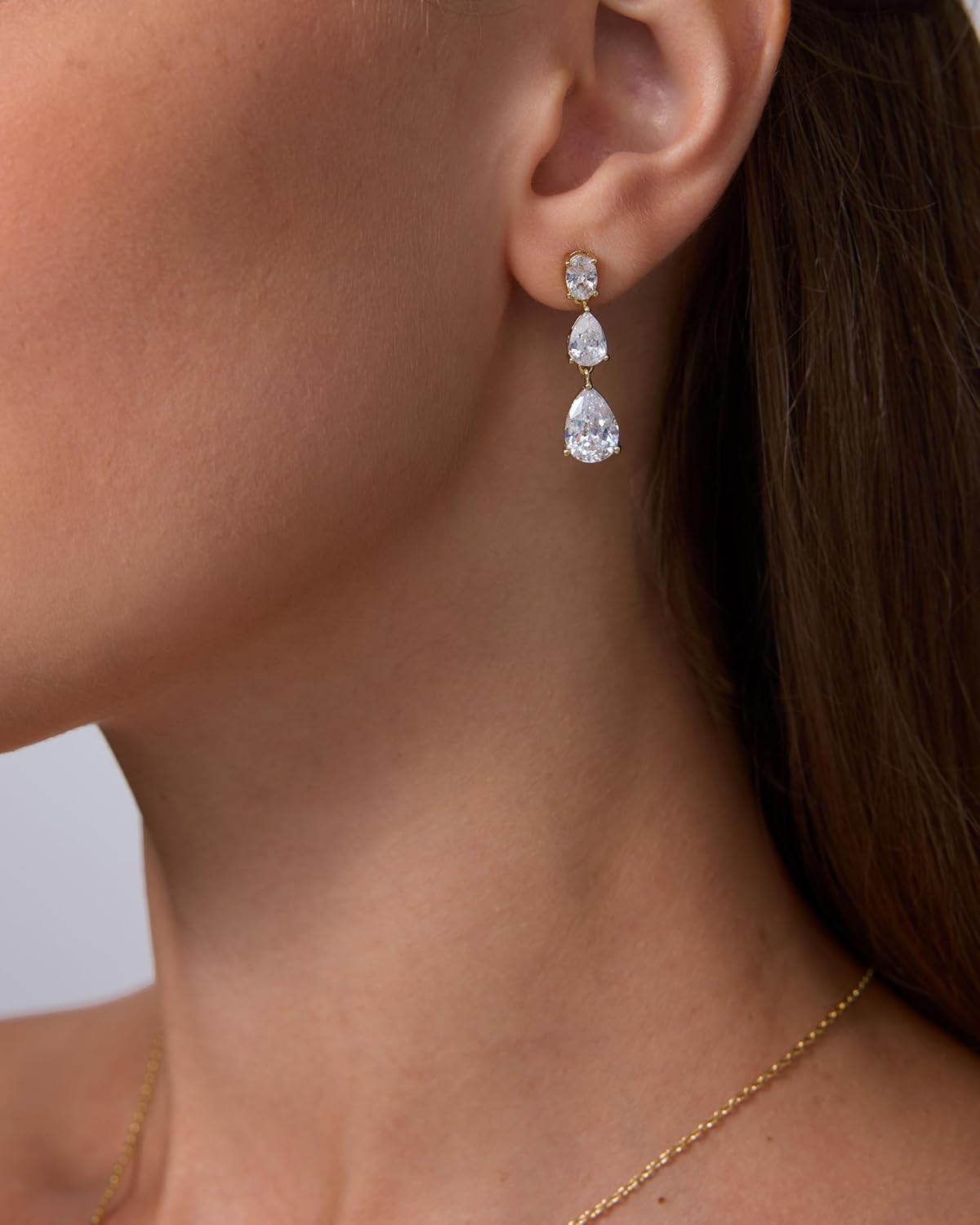 PAVOI 14K Gold Plated Cubic Zirconia Dangle Earrings for Women – Crystal Long Linear Bridal Drop Earrings – Cluster CZ Pearl Simulated Diamond Drop Dangle Wedding Jewelry for Brides & Bridesmaid