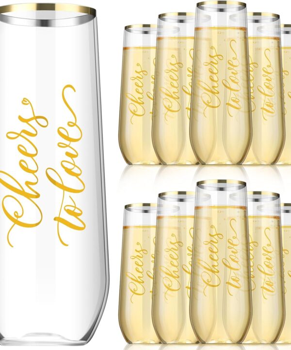 24 Pcs Wedding Plastic Champagne Flutes 9 oz Cheers to Love Stemless Champagne Glasses Gold Rim Wedding Cups Toasting Flutes Cocktail Cups Bridal Shower Party Bar Birthday Gifts