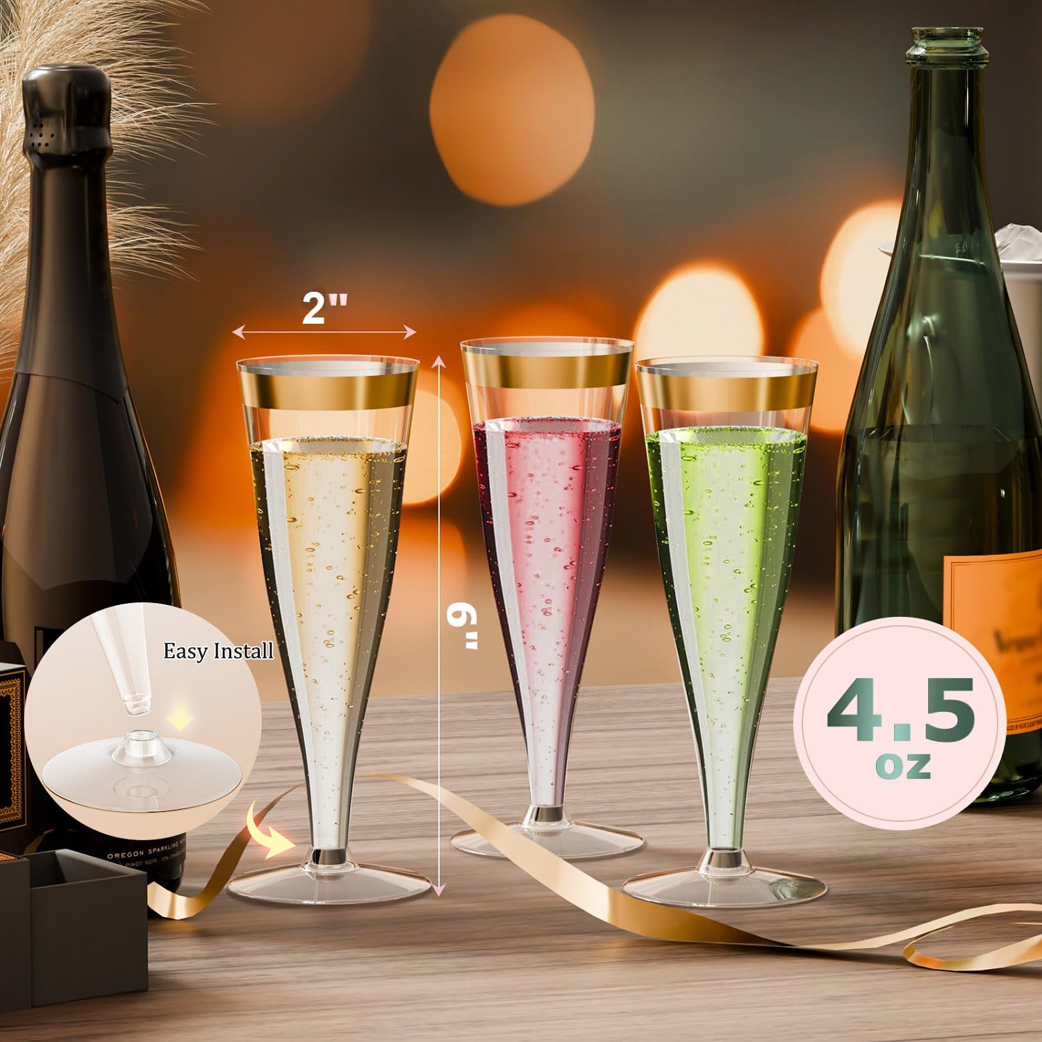 100 Pack Plastic Champagne Flutes Gold Rim Disposable Champagne Glasses, 4.5 Oz Mimosa Glasses Bulk Cocktail Toasting Cups for Party Supplies Wedding Bride Bar, Copas De Plastico Para Brindis