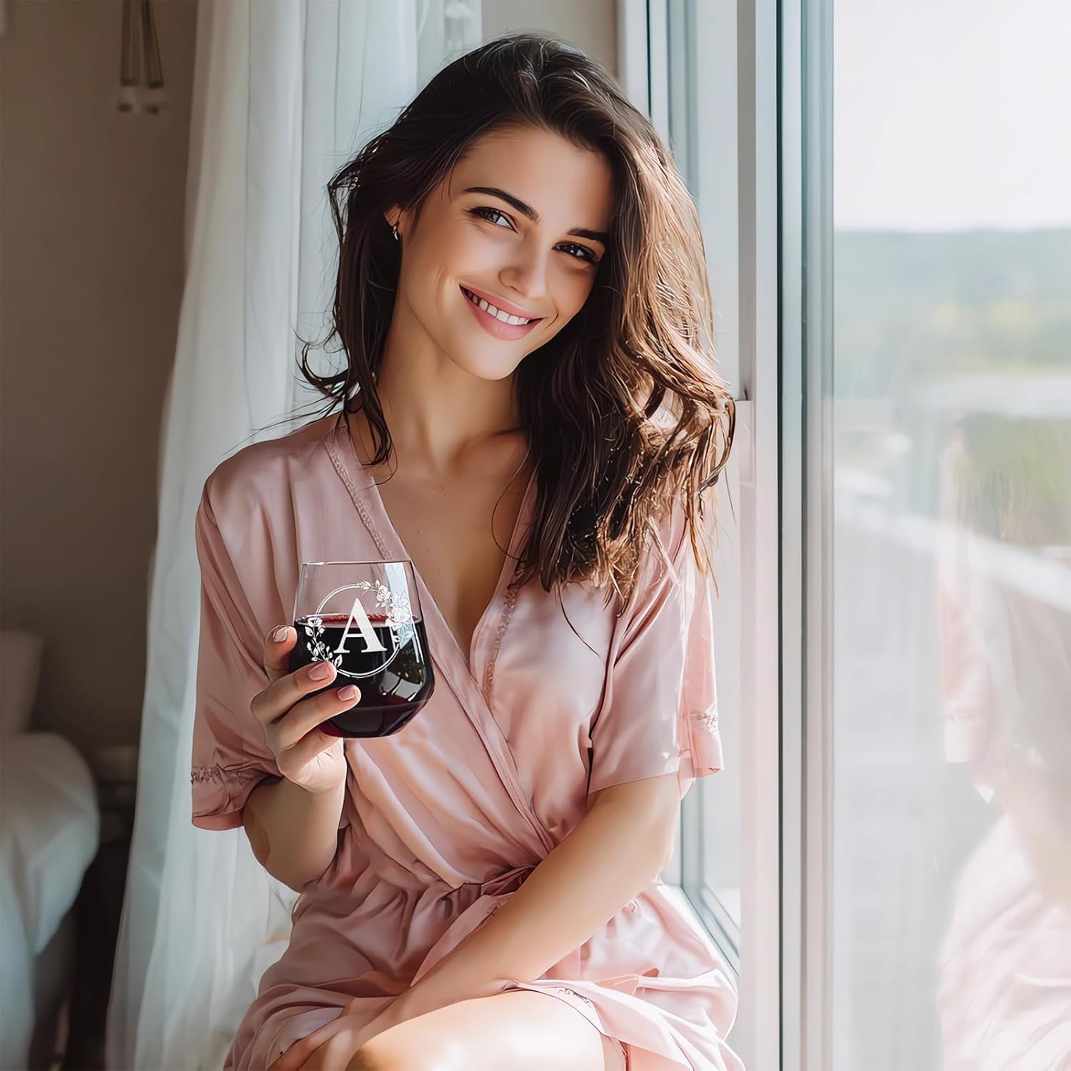 Personalized Stemless Wine Glass – Custom Engraved Monogrammed Initial Glasses,Bridal Shower, Birthday, Wedding, or Engagement Gift for Women Her-A