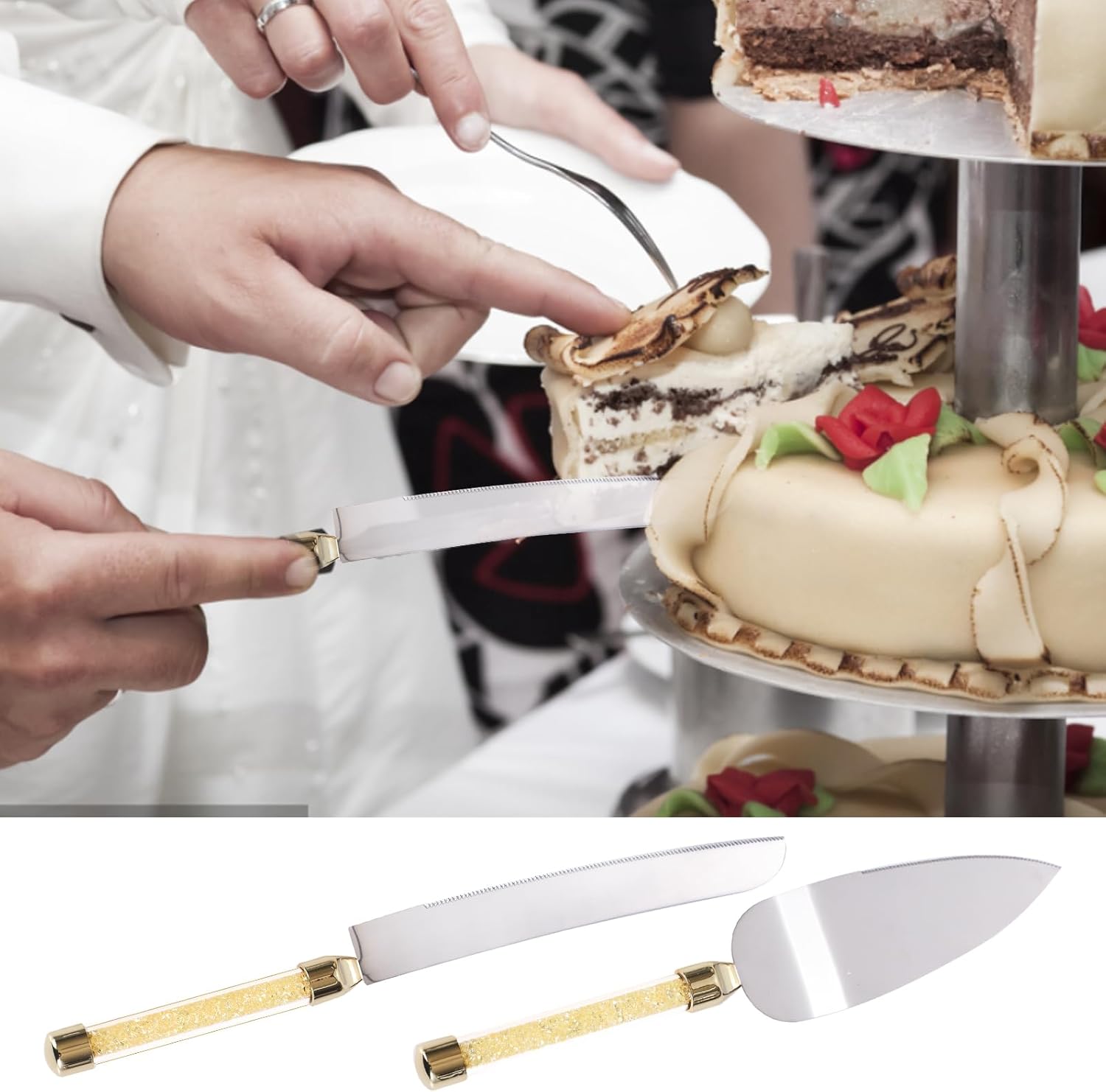 4 Piece Champagne Flutes and Cake Knife Server Set, Bride & Groom Toasting Flutes with Cake Cutting Set, Diamond Champagne Glasses Set for Wedding Reception or Anniversary Party, House Warming, Gold